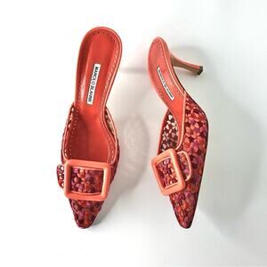 Manolo Blahnik Maysale Lace Multicolored Buckle Pointed Toe Mules Pumps 40
